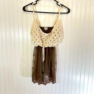 J Gee Boho Crochet and lace baby doll top Size XL (Jr) Brown and Ivory